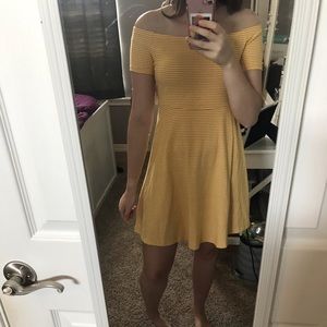 Yellow striped off shoulder Old Navy dress.